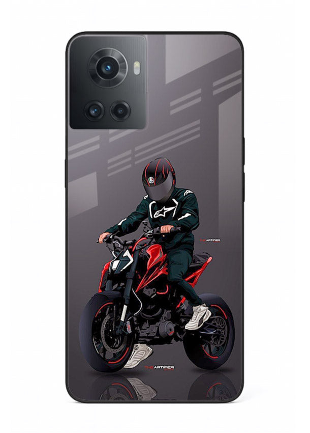 Minimal black and red mini sport bike printed on tempered glass OnePlus 10R back cover