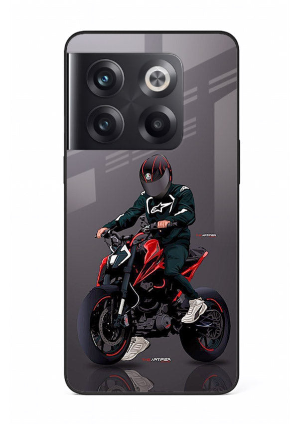 Minimal black and red mini sport bike printed on tempered glass OnePlus 10T back cover