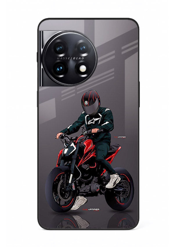 Minimal black and red mini sport bike printed on tempered glass OnePlus 11R back cover