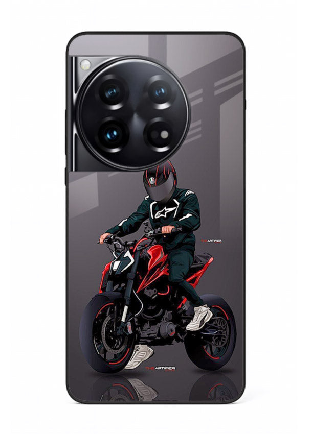 Minimal black and red mini sport bike printed on tempered glass OnePlus 12 back cover