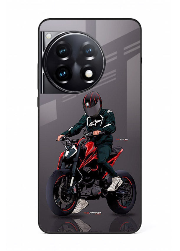 Minimal black and red mini sport bike printed on tempered glass OnePlus 12R back cover