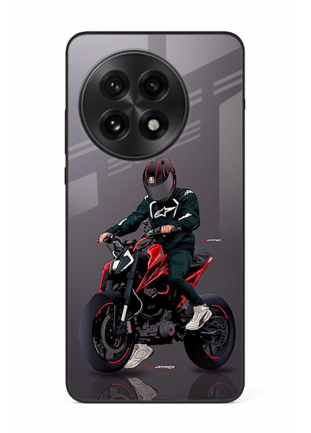 Minimal black and red mini sport bike printed on tempered glass OnePlus 13R back cover