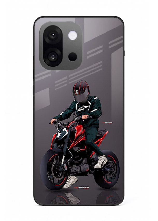 Minimal black and red mini sport bike printed on tempered glass OnePlus 13s back cover