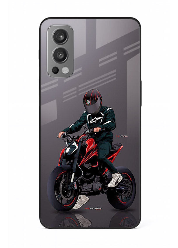 Minimal black and red mini sport bike printed on tempered glass OnePlus Nord 2 back cover