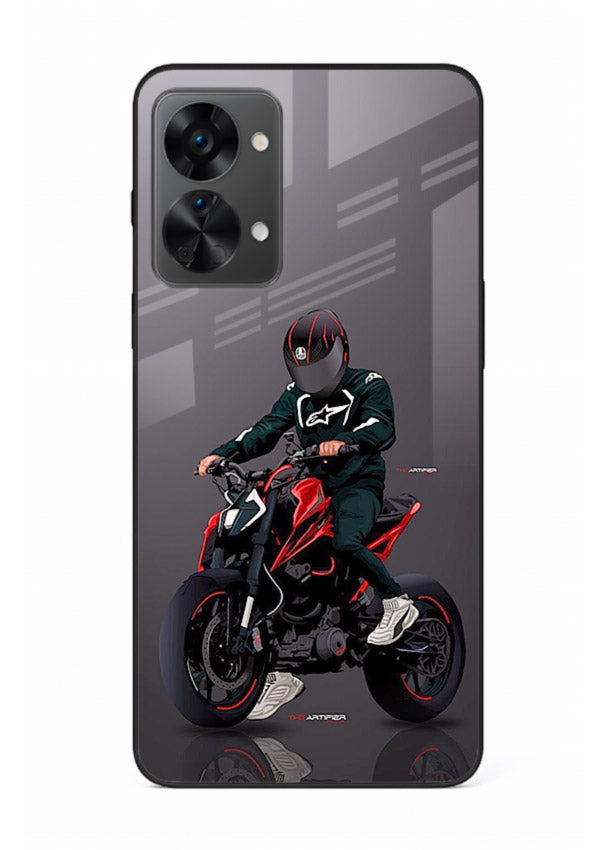 Minimal black and red mini sport bike printed on tempered glass OnePlus Nord 2T back cover