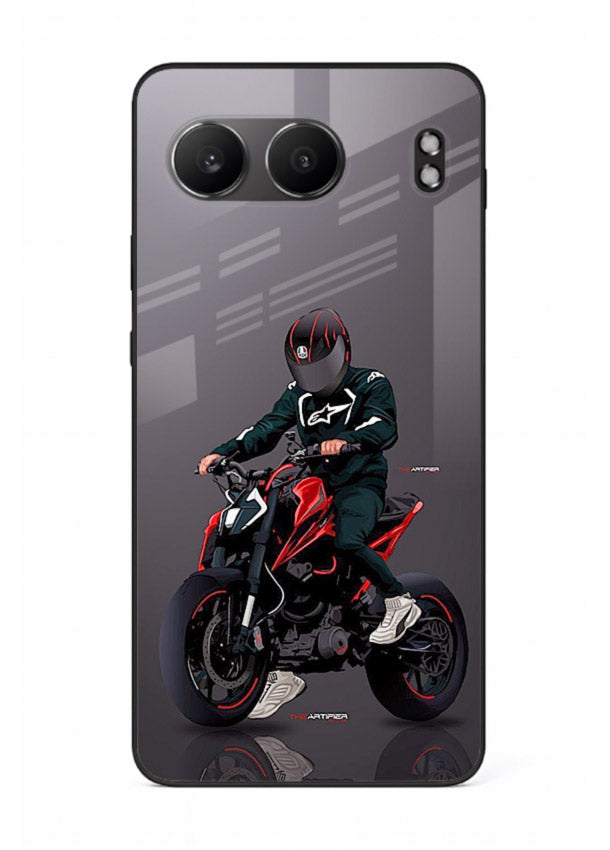 Minimal black and red mini sport bike printed on tempered glass OnePlus Nord 4 back cover