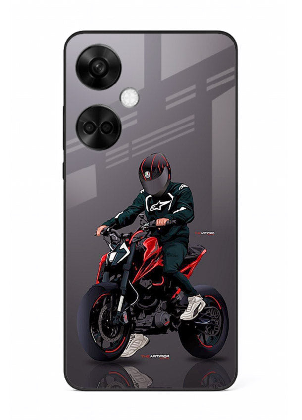 Minimal black and red mini sport bike printed on tempered glass OnePlus Nord CE3 back cover
