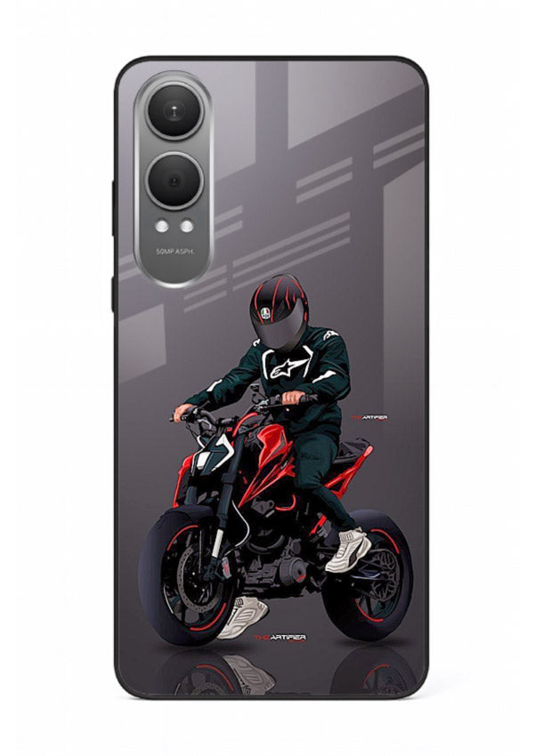 Minimal black and red mini sport bike printed on tempered glass OnePlus Nord CE4 Lite back cover