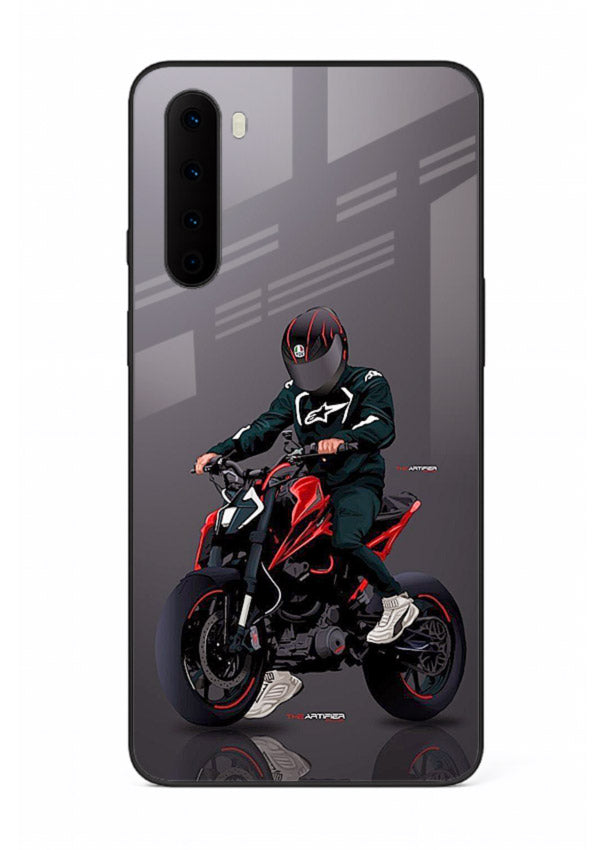 Minimal black and red mini sport bike printed on tempered glass OnePlus Nord back cover