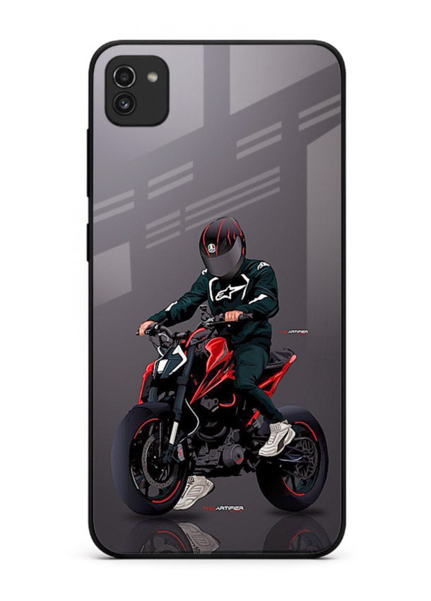 Minimal black and red mini sport bike printed on tempered glass Samsung A03 back cover