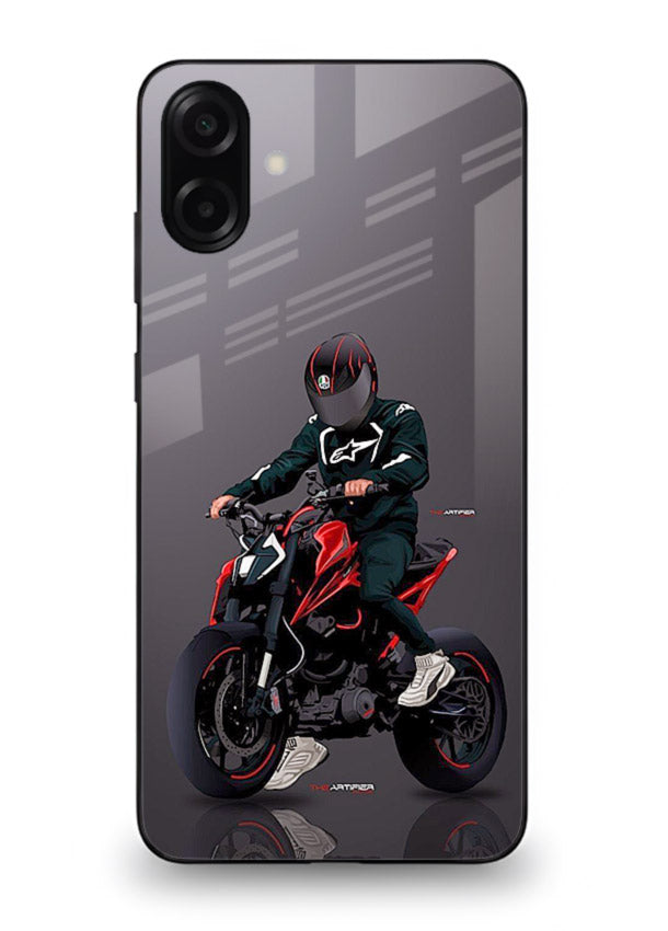 Minimal black and red mini sport bike printed on tempered glass Samsung M13 5G back cover