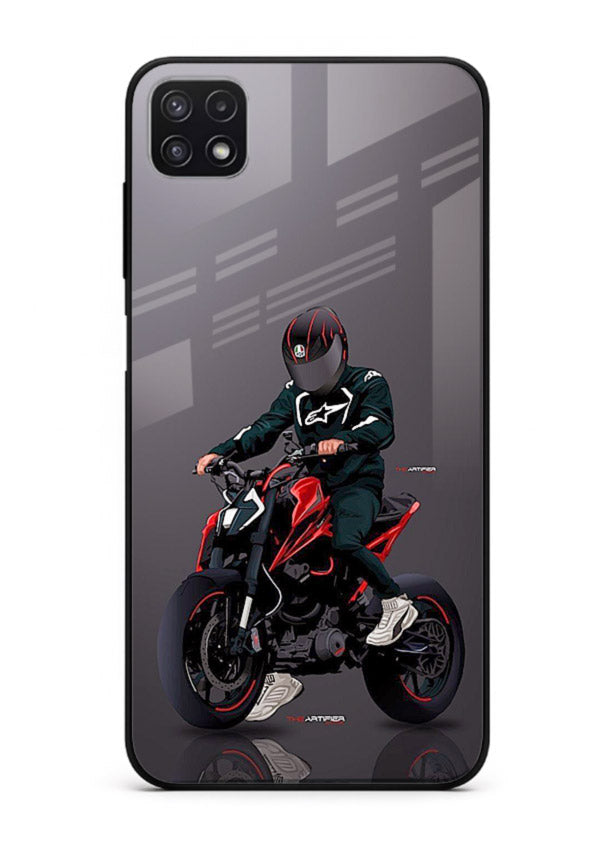 Minimal black and red mini sport bike printed on tempered glass Samsung F42 5G back cover