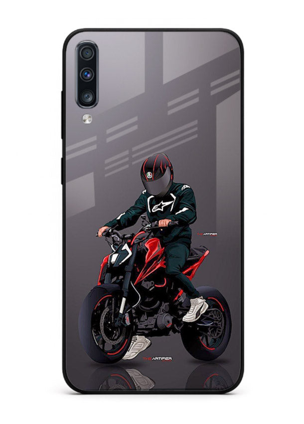 Minimal black and red mini sport bike printed on tempered glass Samsung A70 back cover
