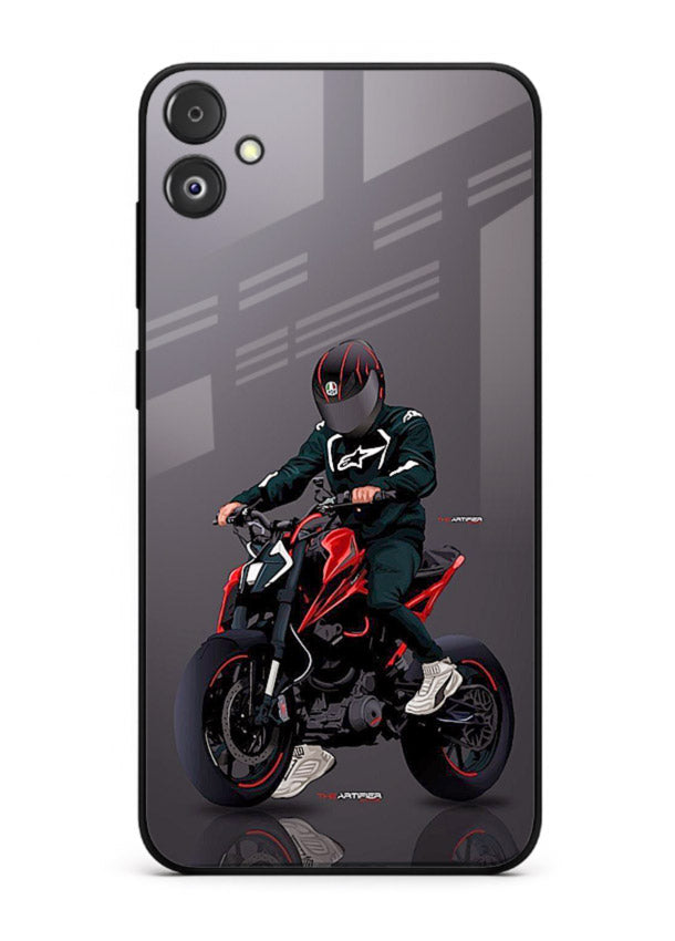 Minimal black and red mini sport bike printed on tempered glass Samsung F05 5G back cover