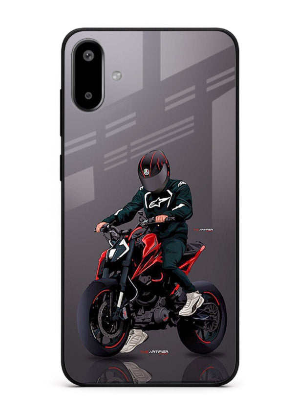 Minimal black and red mini sport bike printed on tempered glass Samsung F06 5G back cover