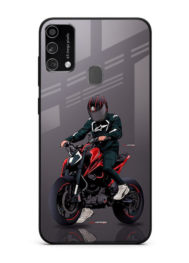 Minimal black and red mini sport bike printed on tempered glass Samsung F41 back cover