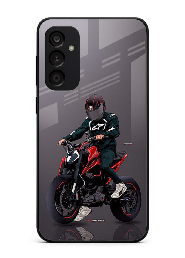 Minimal black and red mini sport bike printed on tempered glass Samsung A34 5G back cover