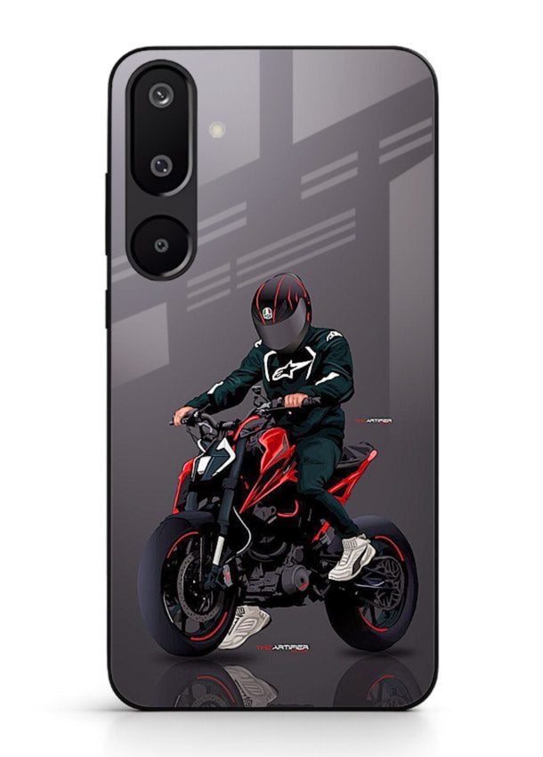 Minimal black and red mini sport bike printed on tempered glass Samsung M16 5G back cover