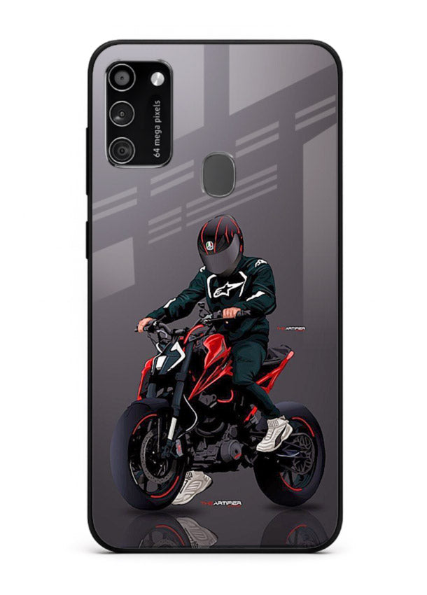 Minimal black and red mini sport bike printed on tempered glass Samsung M30s back cover