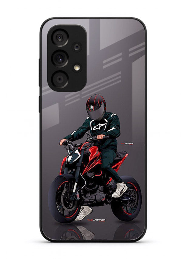 Minimal black and red mini sport bike printed on tempered glass Samsung A33 5G back cover