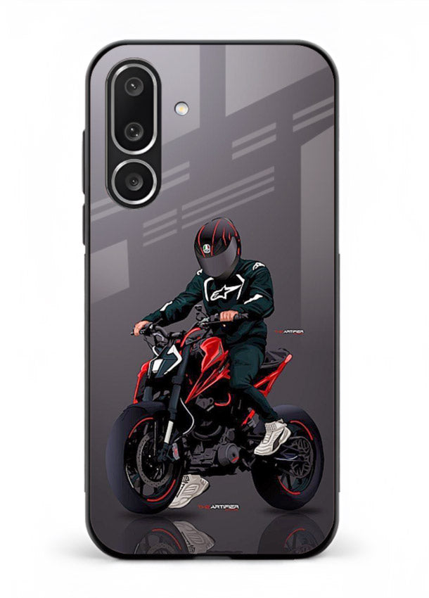 Minimal black and red mini sport bike printed on tempered glass Samsung F56 5G back cover