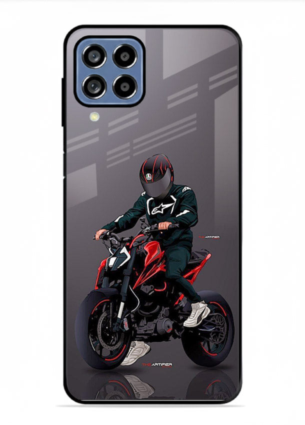 Minimal black and red mini sport bike printed on tempered glass Samsung F12 5G back cover