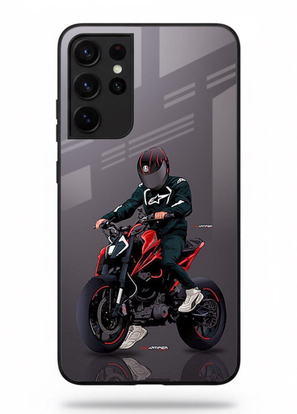 Minimal black and red mini sport bike printed on tempered glass Samsung S21 Ultra back cover