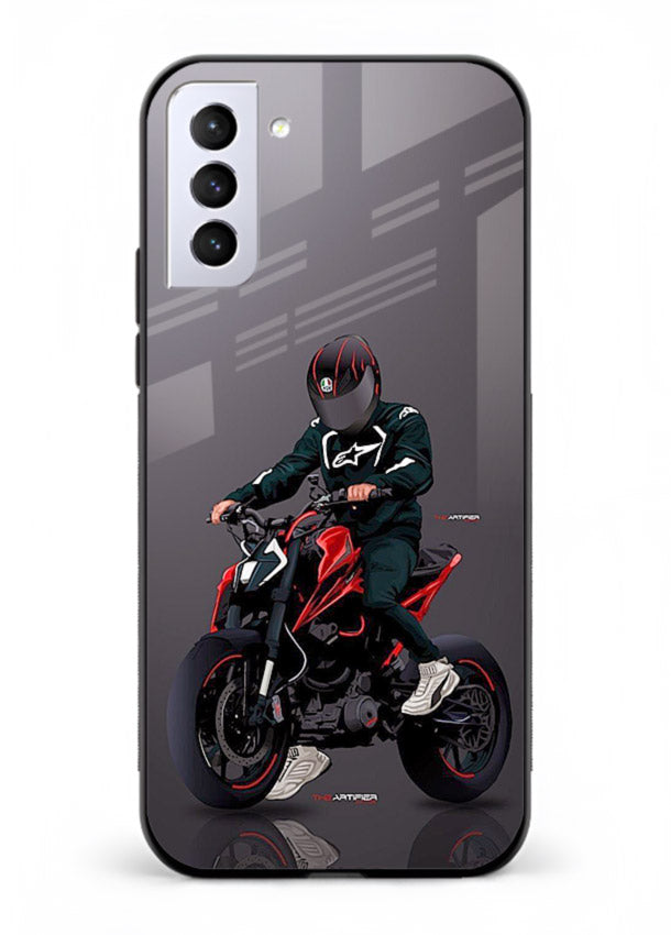 Minimal black and red mini sport bike printed on tempered glass Samsung S21 FE back cover