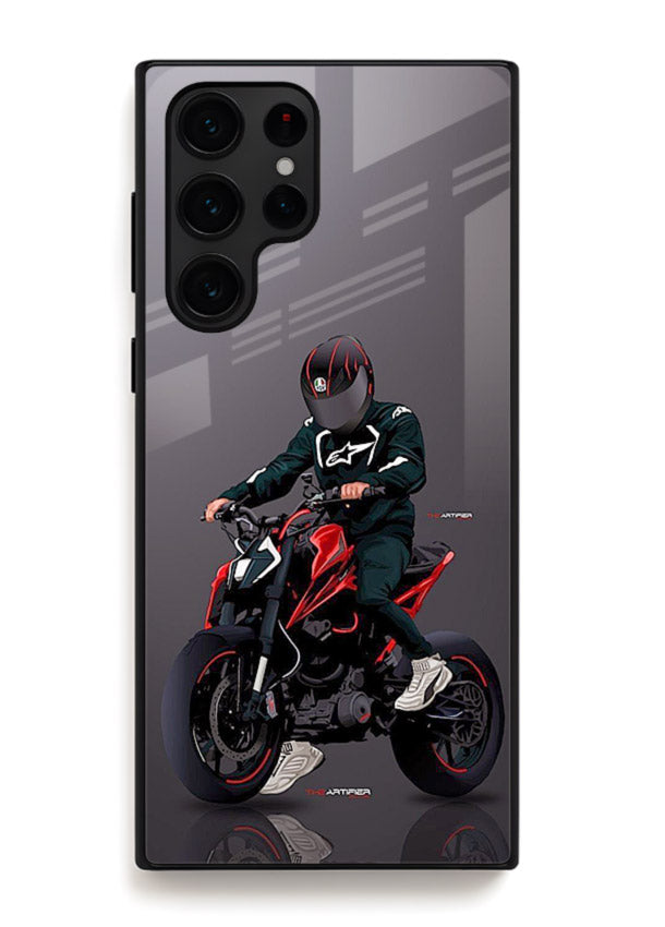 Minimal black and red mini sport bike printed on tempered glass Samsung S24 Ultra back cover