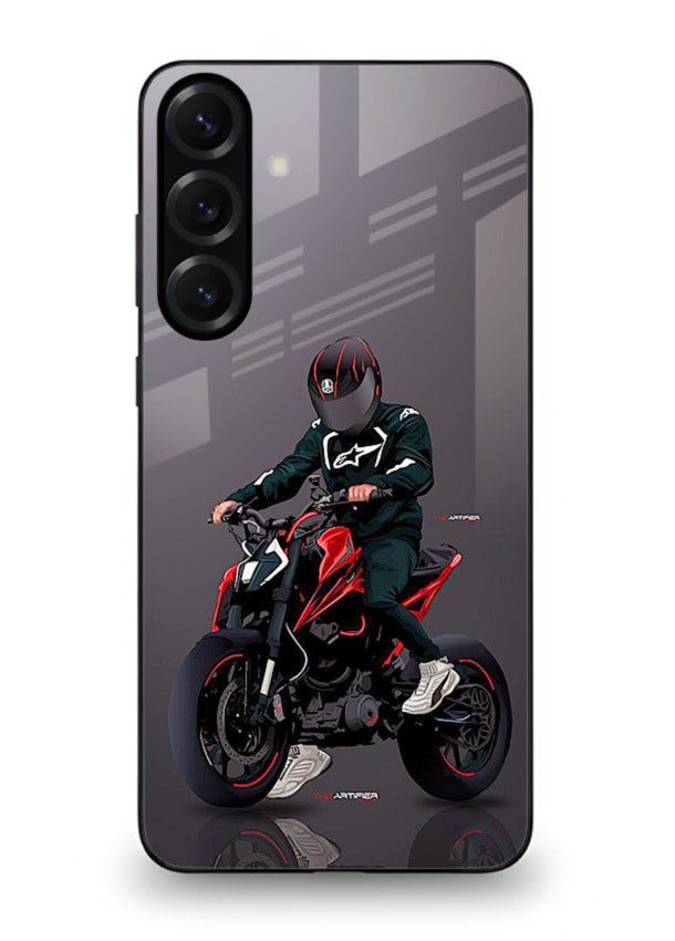 Minimal black and red mini sport bike printed on tempered glass Samsung A35 5G back cover