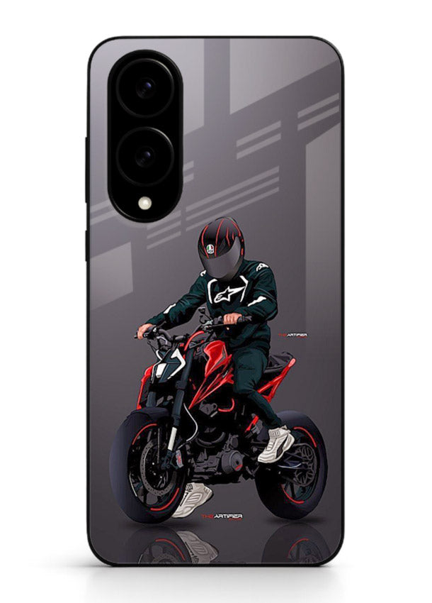 Minimal black and red mini sport bike printed on tempered glass Samsung S25 Edge back cover