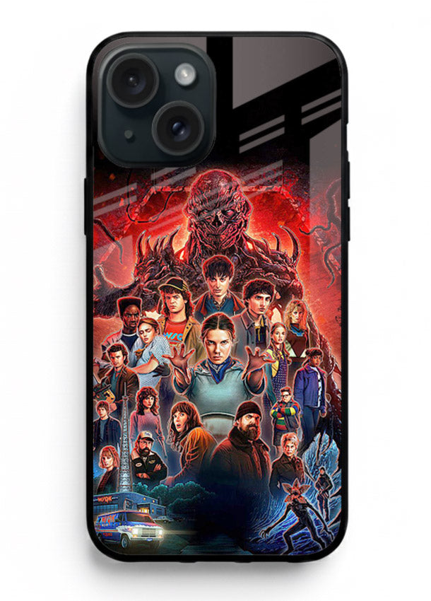Adventure battle collage artwork printed on glossy tempered glass iPhone 14 back cover