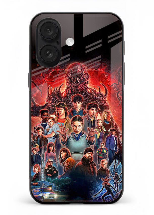 Adventure battle collage artwork printed on glossy tempered glass iPhone 16 back cover