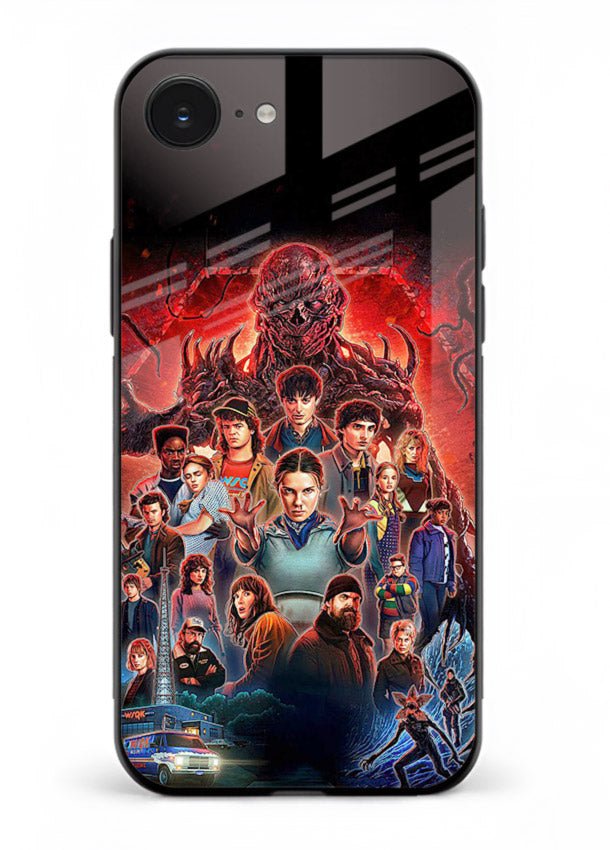 Adventure battle collage artwork printed on glossy tempered glass iPhone 16E back cover