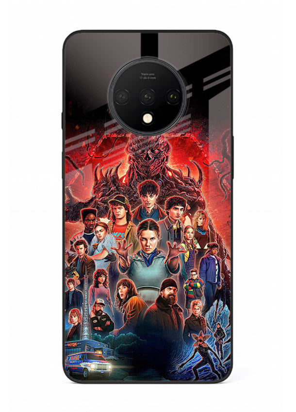 Adventure battle collage artwork printed on glossy tempered glass OnePlus 7T back cover
