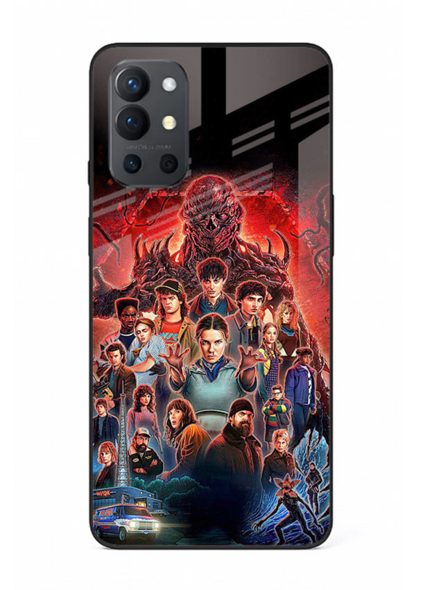 Adventure battle collage artwork printed on glossy tempered glass OnePlus 9R back cover