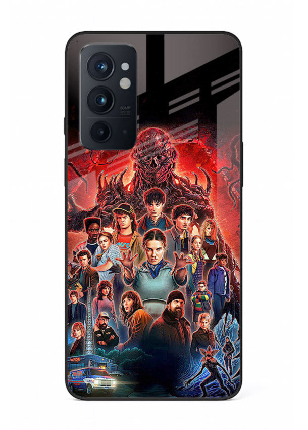 Adventure battle collage artwork printed on glossy tempered glass OnePlus 9RT back cover