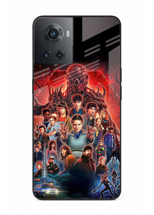 Adventure battle collage artwork printed on glossy tempered glass OnePlus 10R back cover
