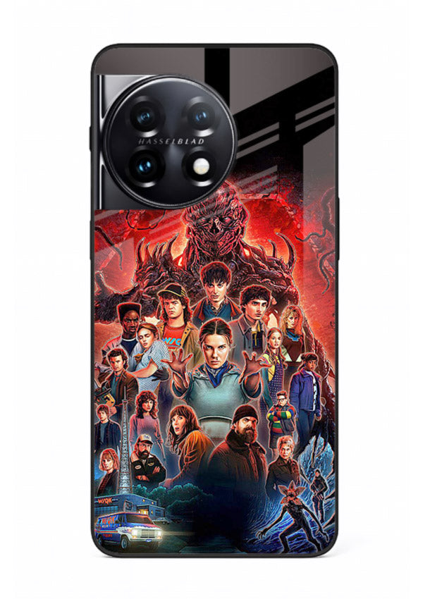 Adventure battle collage artwork printed on glossy tempered glass OnePlus 11R back cover