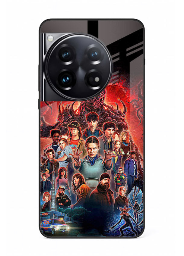 Adventure battle collage artwork printed on glossy tempered glass OnePlus 12 back cover