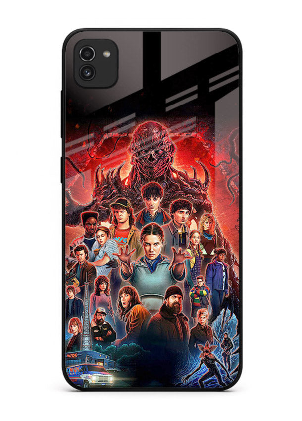 Adventure battle collage artwork printed on glossy tempered glass Samsung A03 back cover