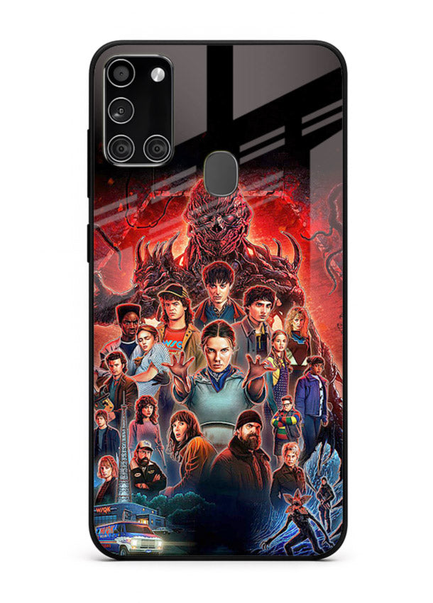 Adventure battle collage artwork printed on glossy tempered glass Samsung A21s back cover
