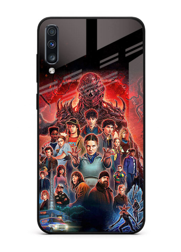 Adventure battle collage artwork printed on glossy tempered glass Samsung A50 back cover