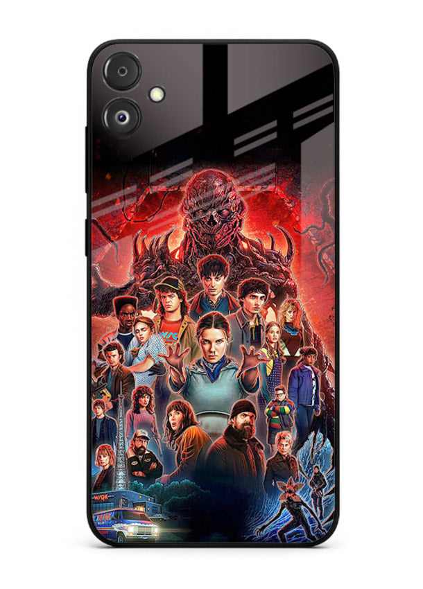 Adventure battle collage artwork printed on glossy tempered glass Samsung F05 5G back cover