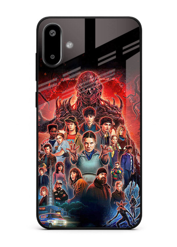 Adventure battle collage artwork printed on glossy tempered glass Samsung F06 5G back cover