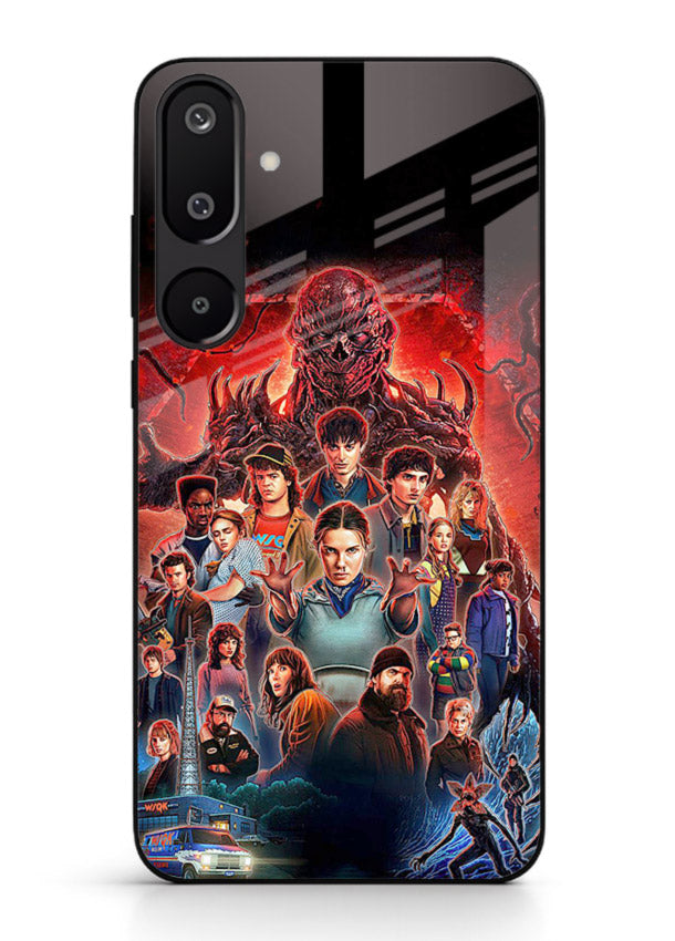 Adventure battle collage artwork printed on glossy tempered glass Samsung M16 5G back cover