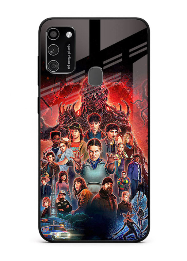 Adventure battle collage artwork printed on glossy tempered glass Samsung M30s back cover