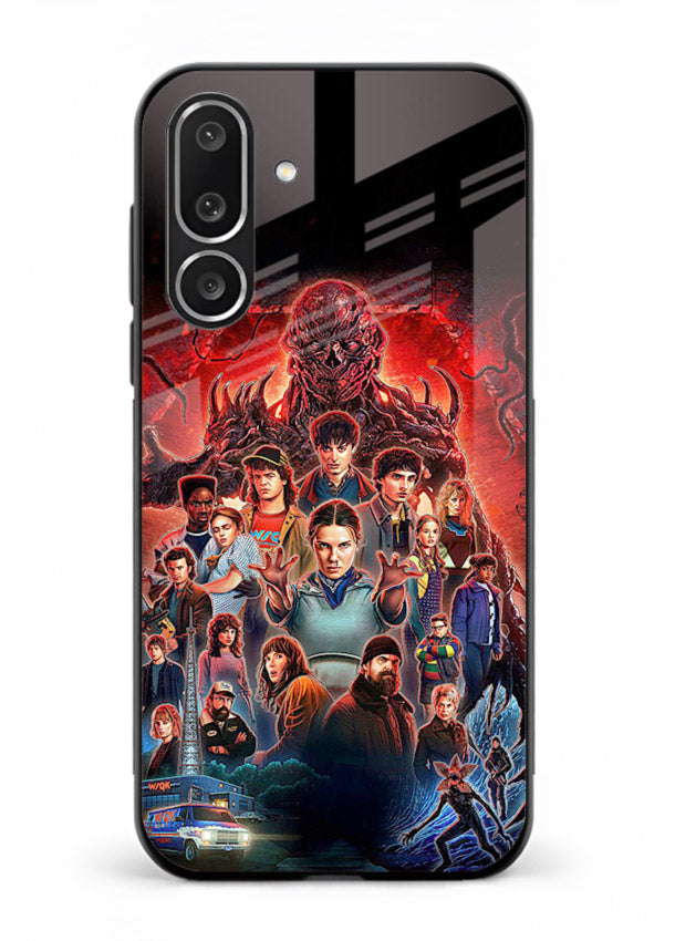 Adventure battle collage artwork printed on glossy tempered glass Samsung F56 5G back cover