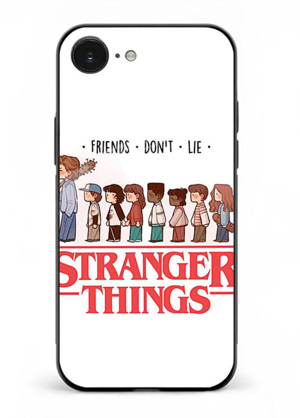 Retro squad artwork printed on premium tempered glass iPhone 16E back cover