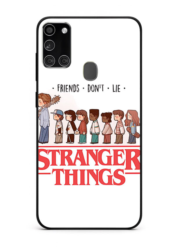Retro squad artwork printed on premium tempered glass Samsung A21s back cover